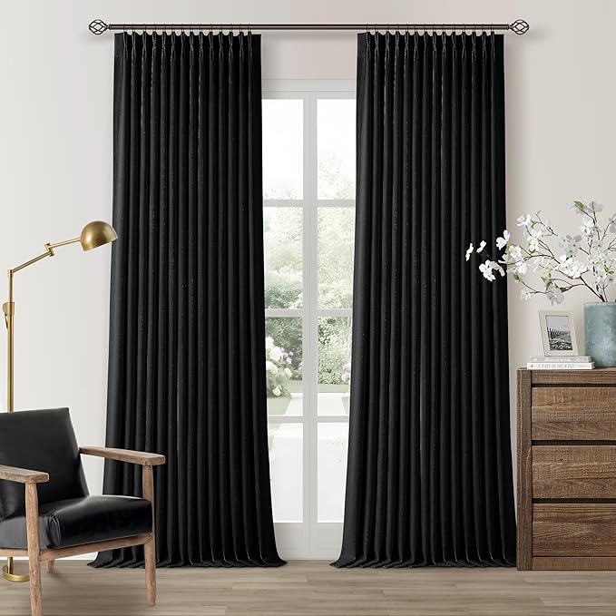 Black Linen Blackout Pleated Curtains 90 Inches Long for Living Room Darkening Pinch Pleat 100% Black Out Drapes Thermal Insulated Soundproof Midnight Black 90 Inch Curtain Panel for Dining Bedroom