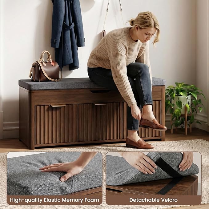Shoe Bench with Storage - Lift Top Entryway Bench with Hidden Storage, Shoe Rack with Adjustable Shelves and Cushioned Seat, Wooden End of Bed Bench for Bedroom, Living Room and Hallway,Walnut