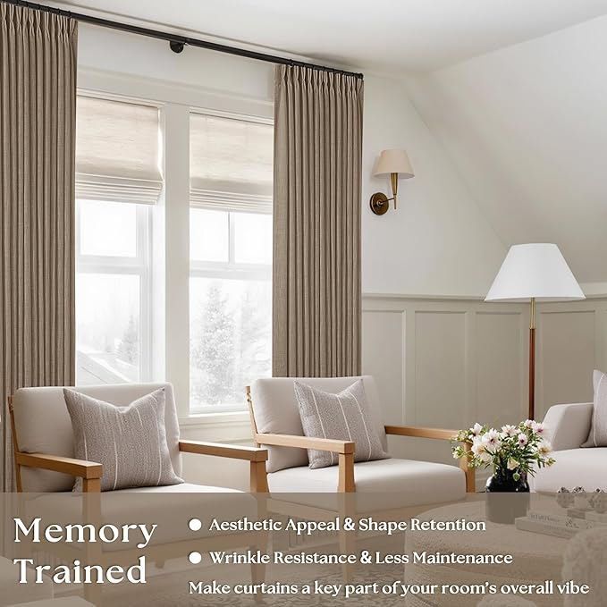 Farmhouse Tan Brown Linen Curtains 102 Inches Long for Living Room Pinch Pleated Drape with Hooks Rings for Track System Light Filtering 102 Inch Curtain for Bedroom Sliding Patio Door 2 Panels