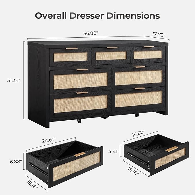 SICOTAS 7 Drawer Dresser for Bedroom, 57" Wide Rattan Dressers, Large Chest of Drawers for Bedroom, Dresser TV Stand, Boho Closet Organizer (Black Oak, 7 Drawers (1 pc))