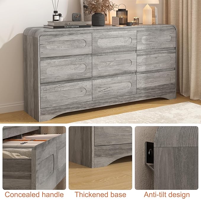 Grey Dresser for Bedroom with 9 Drawers, 63" Large Modern Dressers & Chest of Drawers with Curved Profile Design, Wood Closet Clothes Storage Long Dressers Organizer for Bedroom Living Room Hallway