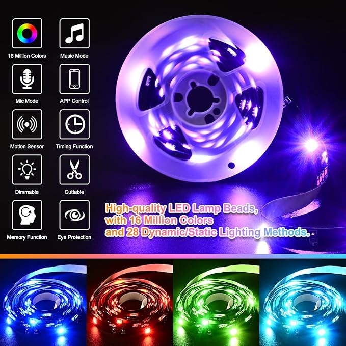 Motion Sensor LED Light Strip 19.68ft 3M*2 Sets Under Bed Lights |3 Modes |Music Sync |Timer | RGB Color Changing |Remote & App Control |Dimmable Motion Activated LED Night Light for Bedroom Cabinet