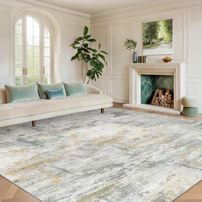8x10 Area Rugs for Living Room, Modern Abstract Washable Rug with Non-Slip Backing & Low Pile, Large Washable Rug with Abstract Pattern for Bedroom, Dinning Room, Home Office,Beige