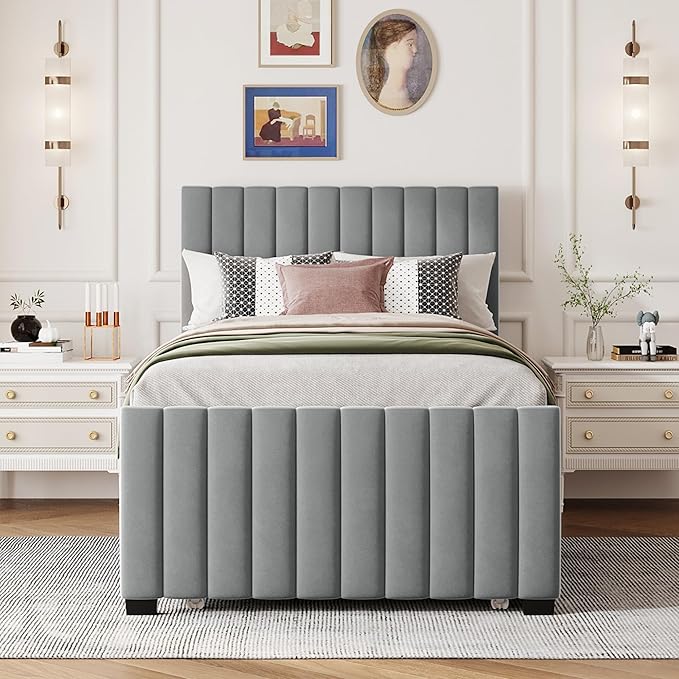 Twin Bed Frame with Trundle Bed,Velvet Upholstered Bed Frame,Twin Size Trundle Bed with Headboard,Upholstered Platform Bed Twin for Kids Teens Adults(Gray)