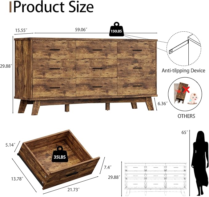 Dresser for Bedroom, 9 Drawer Wide Modern Chest of Drawers with X-Shaped Sturdy Base, Wood Double Dresser Closet Clothes Storage Organizer, Wooden TV Stand for Living Room, Hallway, Brown