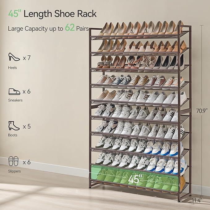 Shoe Rack, Long Shoe Organizer,Max Holds 62 Pairs,10 Tier Metal Shoe Storage Shelf,5-Tier Stackable Shoes Organizer for Garage, Entryway,Bronze