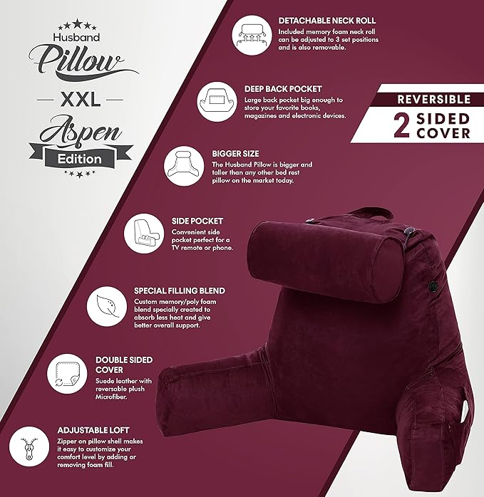 Husband Pillow XXL Aspen Edition, Adult Reading Sit Up Bed Rest Pillow for Bed with Arms & Neck Roll on Bungee Cord - Premium Memory Foam - Reversible 2 Sided Cover Micro Suede or Plush, Mauve Purple