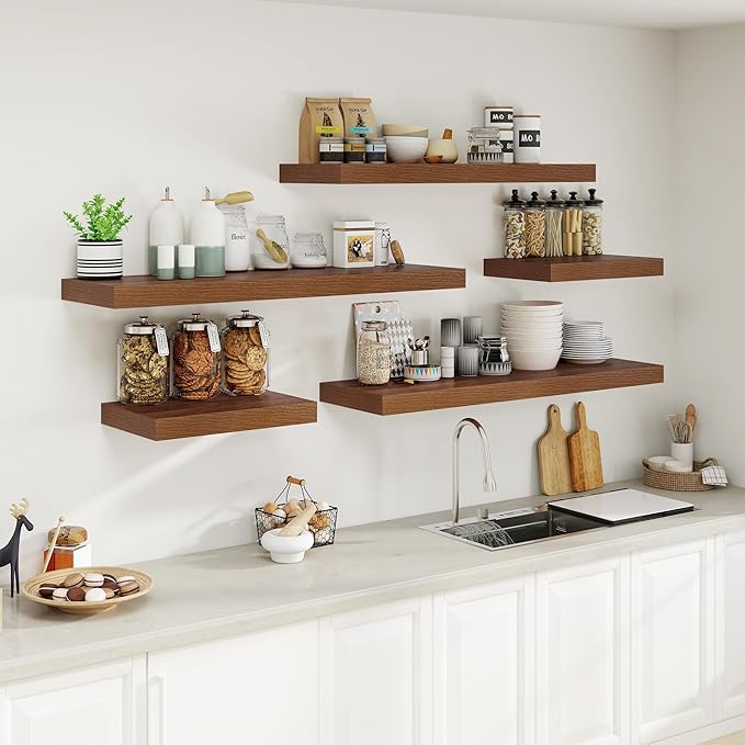 Heimlove Walnut Bathroom Shelf Floating Shelves for Over Toilet Long Wall Mounted Modern Farmhouse,48 x 12 with Invisible Brackets for Living Room, Kitchen, Bedroom