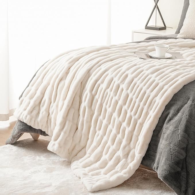BATTILO HOME Cream Faux Fur Throw Blanket for Bed, Large Double Side Ruched Rabbit Fur Blanket for Couch, Bed, Super Soft Cozy Mink Blanket, 60"x80"