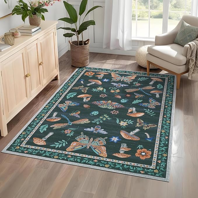 4 x 6 Rug Non-Slip Washable Carpet - Mushroom Soft Low-Pile Stain Resistant Foldable Rugs for Nursery Kitchen Bedroom Living Room Entryway Indoor Mat with Rubber Back Black