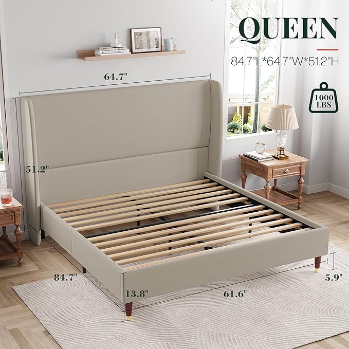 Jocisland 51.2" H Queen Bed Frame Upholstered Bed Platform Bed with Wingback Headboard/No Box Spring Needed/Easy Assembly/Brown