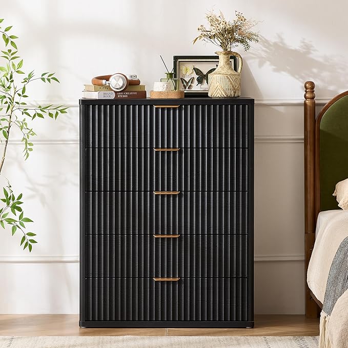 LEYAOYAO Fluted 5 Drawers Dresser Set of 2, 41" Tall Modern Chest of Drawers with Metal Handle, Curved Profile Dresser TV Stand, Wooden Drawer Organizer for Bedroom, Living Room, Hallway, Lightgrey