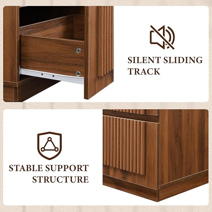 Yechen Nightstand with Drawers Set of 2, Modern Arched Reeded Wood Nightstand with Charging Station, Wooden Night Stand with Storage,Bedside End Tables for Bedroom, Walnut
