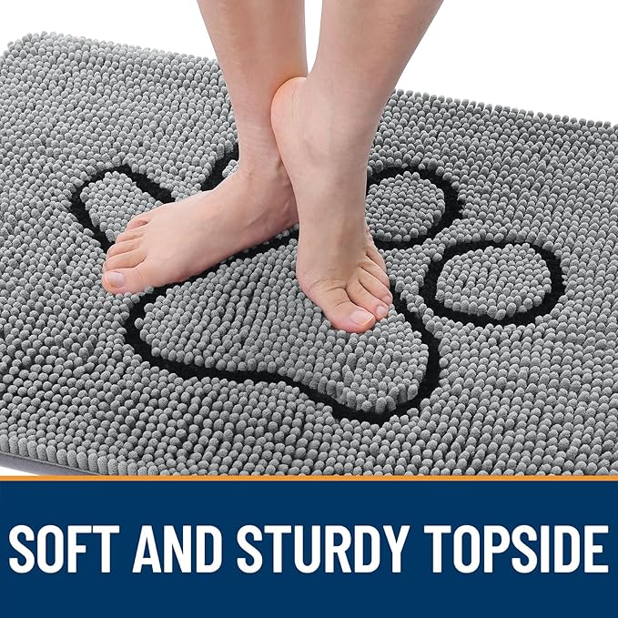 OLANLY Dog Door Mat for Muddy Paws 54x32, Paw Print Design, Absorbs Moisture and Dirt, Absorbent Non-Slip Washable Doormat, Quick Dry Chenille Mud Mat for Dogs, Entry Indoor Entryway Carpet, Grey