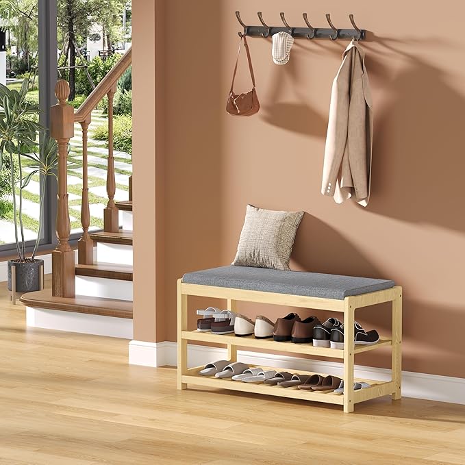 Shoe Bench Entryway, 100% Solid Solid Wood Shoe Rack Bench with Storage and Cushion Padded Seat, 3-Tier Shoe Organizer for Hallway Living Room, Mudrooms, Natural