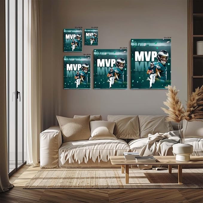 B.B.F MAKE 2025 Super Canvas Bowl Wall Art Champions MVP Hurts Canvas Wall Decor Eagles Poster Print Philadelphia Sports Star Picture Gift Modern Bedroom Living Room Home Decoration, Framed 16x20inch