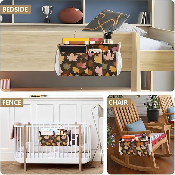 Bedside Caddy Hanging Bunk Bed Caddy Bed Organizer Hanging Pocket with 2 Hooks Bedside Storage Organizer Pocket Bag Holder Various Maple Leaves