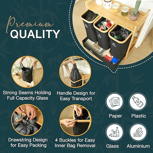 Terratur 4 Section Recycling Bin for Kitchen – Dual Trash and Recycle Bins for Paper, Plastic, Cans – Indoor Bamboo Recycling Organizer – Decorative Wooden Recycle Bins for Kitchen & Office
