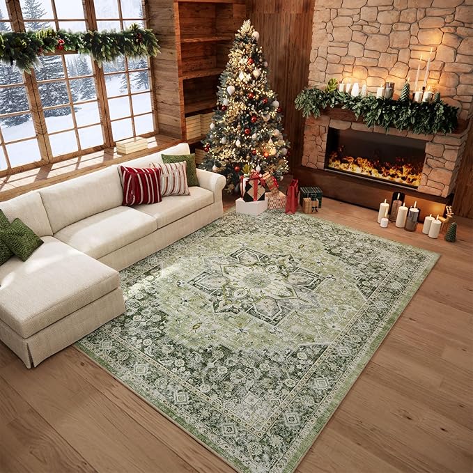 5×7 Machine Washable Rug for Living Room, Boho Vintage 5×7 Area Rug，Distressed Accent Low Pile Ultra Soft Large Carpet for Bedroom Bathroom Dining Room, Floral/Green