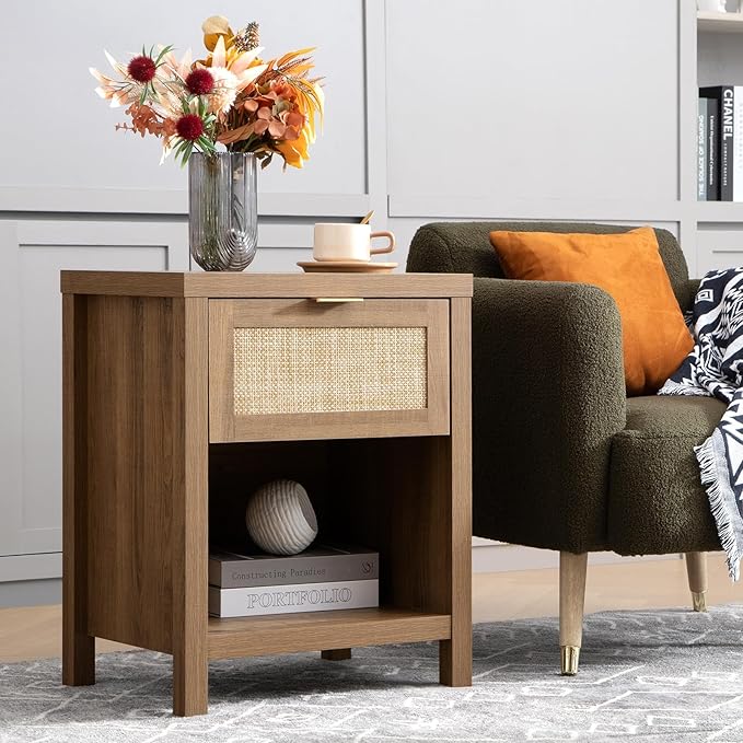 SICOTAS Rattan Nightstand - Farmhouse Night Stand with Drawer and Storage Shelf - Boho Bedside Table - End Side Table for Bedroom,Oak
