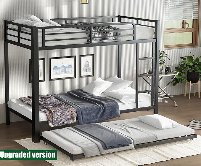 SIGONE Stronger & Safer Heavy Duty Twin XL Over Twin XL Bunk Bed with Twin Trundle for Adults Teens, Thickened More Stable Metal Bunkbed Frame (Greater Weight Capacity)