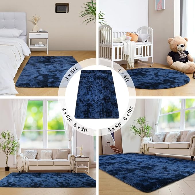 duduta Navy Blue Soft Fluffy Rug 5x8 ft, Tie-Dyed Shag Fuzzy Plush Rectangle Carpet for Bedroom Nursery Living Room Home Decor