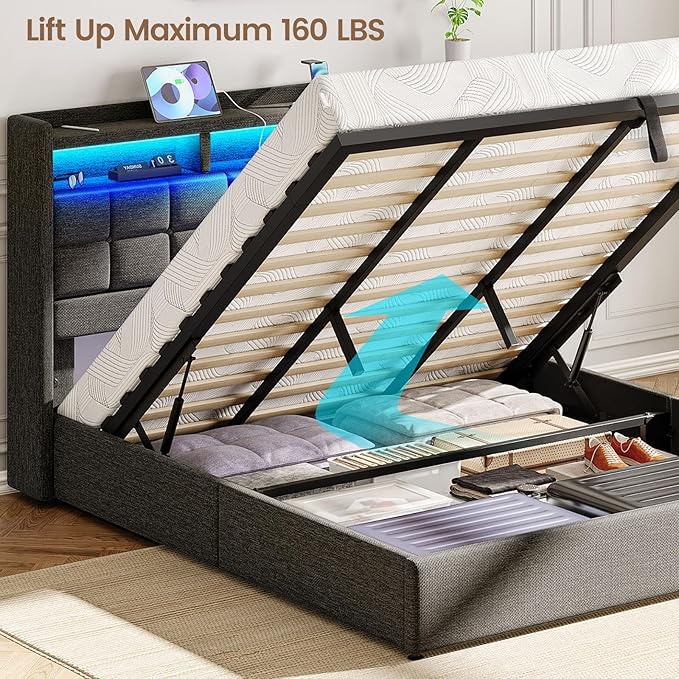 Lift Up King Size Bed Frame with Storage, Upholstered King Bed Frame with Charging Station and LED Lights Headboard, No Box Spring Needed, Easy Assembly - Dark Grey