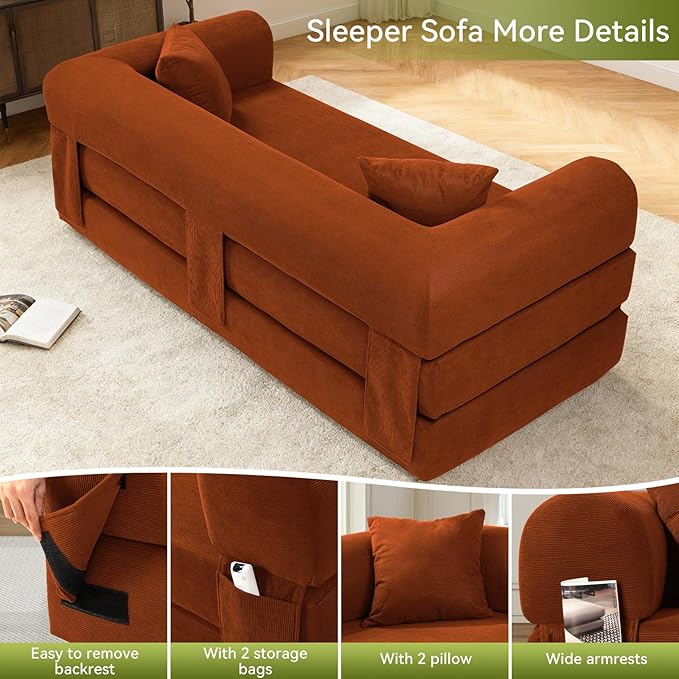 Convertible Sleeper Sofa Bed,80" Futon Sofa Bed Queen with Storage,Corduroy Pull Out Couch with Bed,Boneless Couches for Living Room,Compressed Couch in a Box,Orange