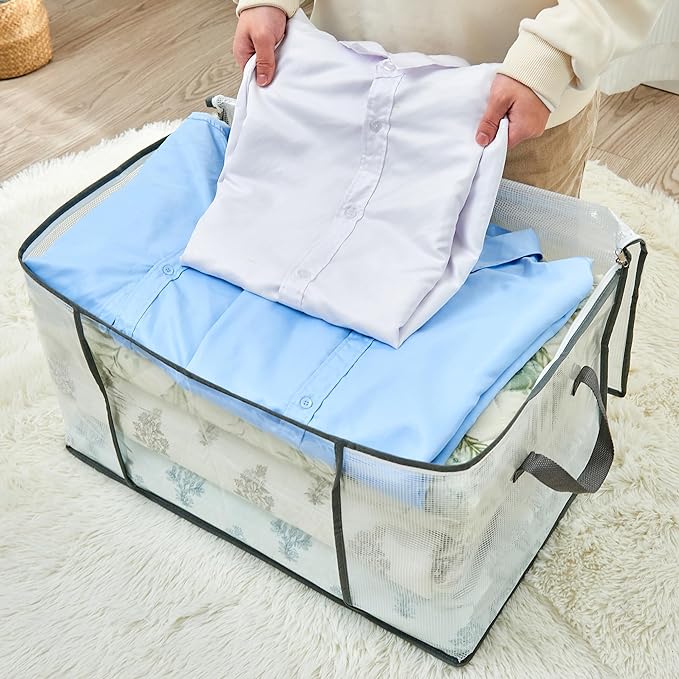 80L Clear Large Storage Bag, Clothes Storage Containers for Organizing Closet, Bedroom, Underbed, Comforters, Clothing, Blankets, Pillow, Foldable Organizer with Sturdy Handle and Zippers (6)