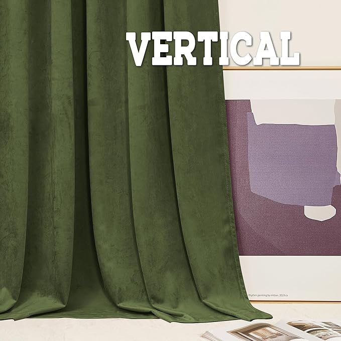 RYB Home Olive Green Velvet Curtains 84 inches 2 Panel Set - Heavy Duty Back Tab Decorative Window Drapes Privacy Room Darkening Covering for Living Room Bedroom, 52 inch x 84 inches