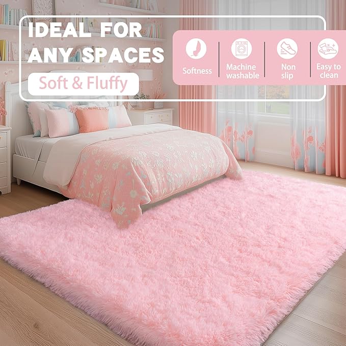 9x12 Large Area Rugs for Living Room, Soft Pink Fluffy Shag Rug for Bedroom, Non-Slip Modern Indoor Plush Shaggy Floor Carpet, Big Fuzzy Rugs for Nursery, Kids & Girls Room, Dorm, Home Decor