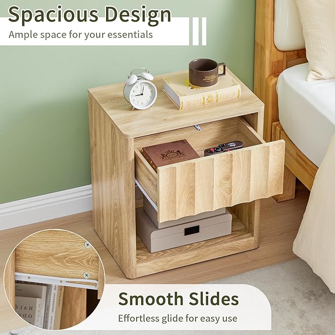 Fluted Dresser, Small Nightstands Set of 2, Natural Bedside Table with Drawer and Storage, Mid Century Modern Side Table for Bedroom Sofa
