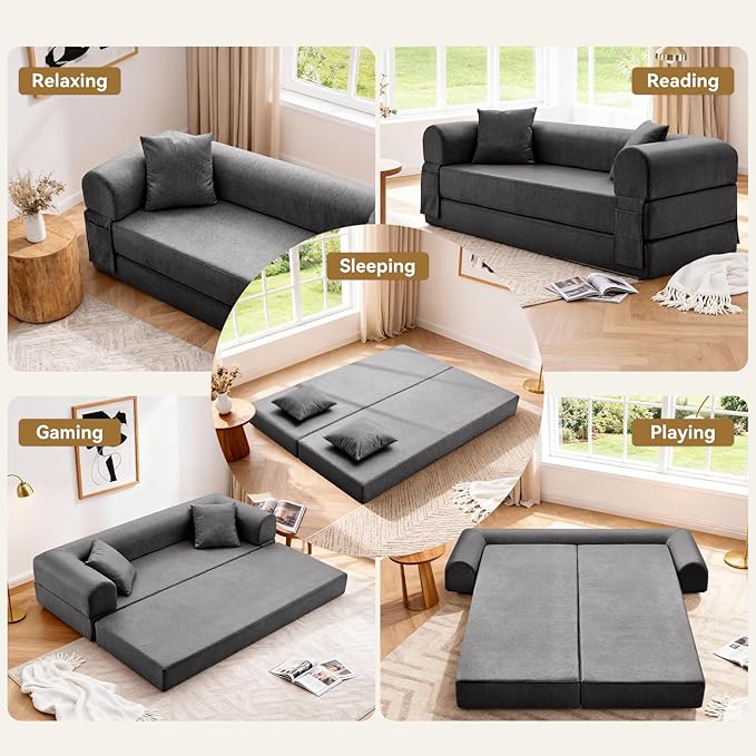Convertible Sleeper Sofa Bed,78.5 Inch Faux Leather Futon Couch with Pillows & Storage Pocket,5-in-1 Folding Sofa Bed Queen with Pull Out Beds,Boneless Couches for Living Room,Couch in a Box,Gray