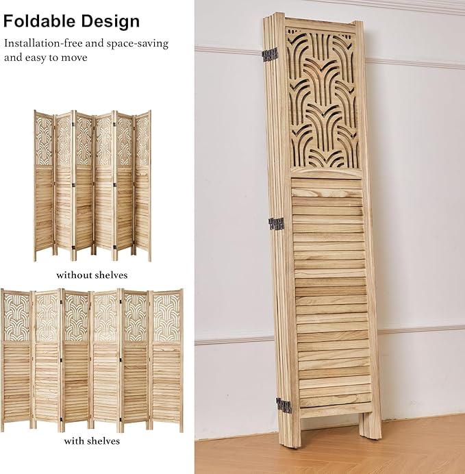 Svimi Folding Room Divider, 66.9 Inch 6 Panels Wood Carved Privacy Screens, Free Assembled Freestanding Portable Separation Wall for Home Office Bedroom (Natural)
