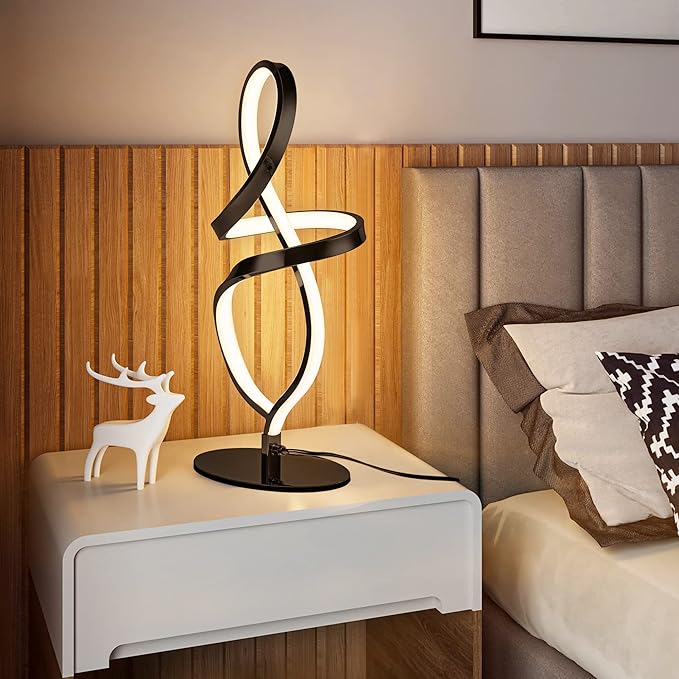Mayful Modern Lamp with LED Spiral Design, Bedside Lamp with Stepless Dimming Switch, Contemporary Nightstand & Black Table Lamp for Bedroom, Living Room, Home Office, 12W 3200K Warm White,2 Pack