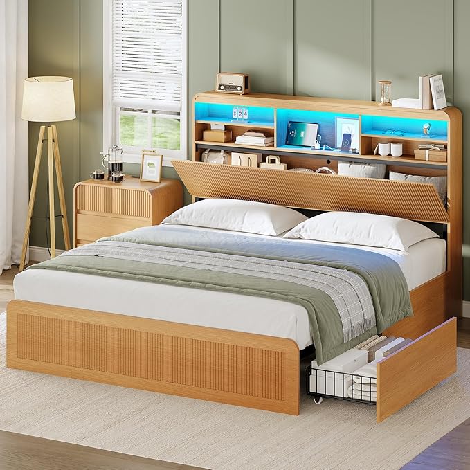 AOGLLATI Full Size Bed Frame with 4 Storage Drawers and Hidden Storage Headboard, Wood Led Fluted Bed Frame Full Size with Charging Station and Curved Profile Design, No Box Spring Needed, Wood