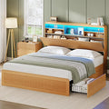 AOGLLATI Full Size Bed Frame with 4 Storage Drawers and Hidden Storage Headboard, Wood Led Fluted Bed Frame Full Size with Charging Station and Curved Profile Design, No Box Spring Needed, Wood