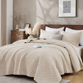 DOWN HOME Twin Quilt Set with Sham Lightweight Quilted Bedspread Coverlet Thin Comforter Bed Cover Vintage Washed Quilted Blanket for All Season, Brushed Microfiber Diamond Stitching, Beige, 66"x92"