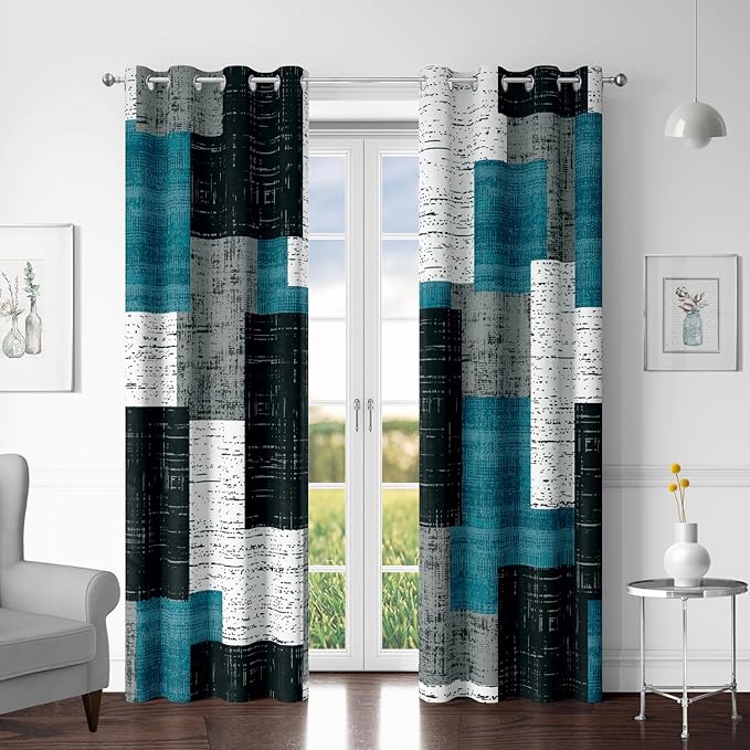 Rustic Blue Grey 100% Blackout Curtains for Bedroom 63 inch Long 2 Panels Set Gray Modern Abstract Geometric Black Out Curtains Insulated Room Darkening Window Drapes for Living Room, 52Wx63L
