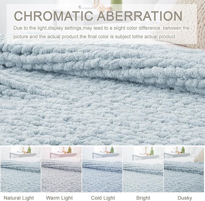 Chunky Knit Throw Blanket 60"X 80", 100% Handmade with Soft Chenille Yarn, 6.7lbs Thick Cable Knitted Blankets, Large Rope Knot Crochet Throws for Couch Sofa Bed Home Decor, Baby Blue