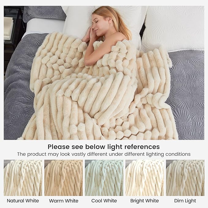 Cozy Bliss Faux Fur Throw Blanket for Couch, Cozy Warm Plush Striped Blanket for Sofa Bedroom Living Room, 50 * 60 Inches Beige
