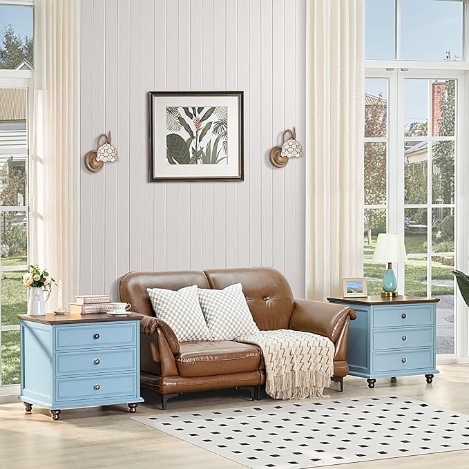 24" Wide Farmhouse Night Stand,Large End Table with 3 Drawers & Metal Handle,Wood Dresser for Bedroom, Bed Side Table Chest of Drawers Cabinet,Light Blue Nightstand for Living Room,Closet