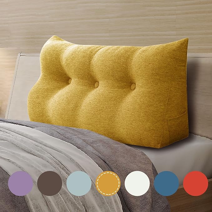 homecozy Wedge Headboard Pillow Dorm Room Reading Pillow Back Support for Sitting Up in Bed Bolster Lumbar Cushion Body Positioning Bedrest Cotton Linen 39in Yellow Twin