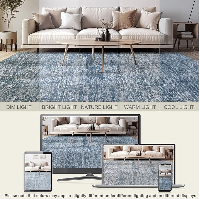 Area Rug Living Room Rugs - 5x7 Large Soft Indoor Neutral Modern Abstract Low Pile Washable Rug Carpet for Bedroom Dining Room Farmhouse Home Office - Dark Blue