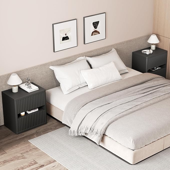 Dripex Fluted Nightstand with 2 Drawers, Large Wide Wood Night Stand Bedside Tables for Bedroom, Mid-Century Modern Storage Bed Side Table, End Tables for Living Room Sofa Couch, Black, Set of 2