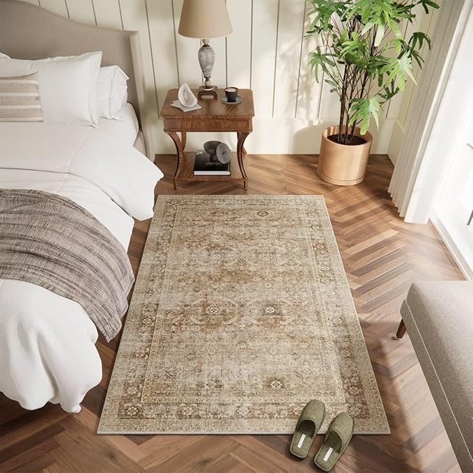 Washable 3x5 Entryway Rug, Boho Non-Slip Vintage Distress Small Rugs for Kitchen Nursery Office Bedroom, 0.3" Neutral Oriental Throw Thin Carpet with Cushioning Pad, Brown/White/Multi