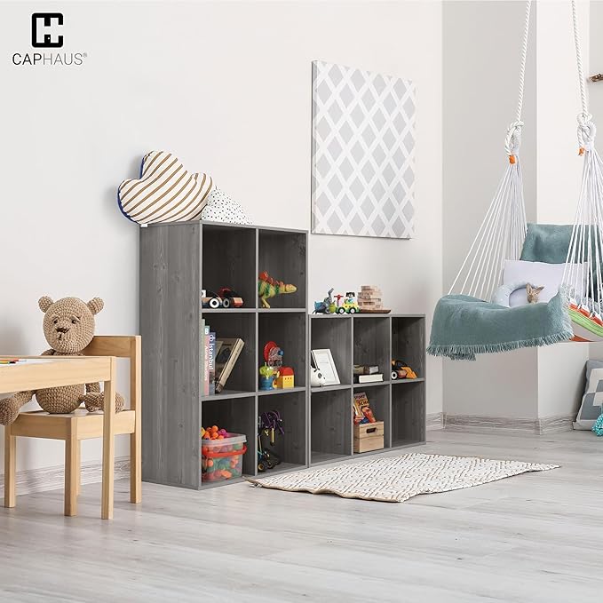 CAPHAUS Sturdy Room 11-Inch Cube Storage Organizer Shelf, with Thick Exterior Edge, Storage Shelf Divider w/Back, Bookcase, 9-Cube, Greige Oak