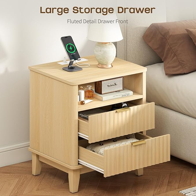 Night Stand Set of 2 with Charger Station, Fluted Nightstand with Drawers and Storage Shelf, Mid Century Modern Bedside Table Nightstands, Large Bed Side Table Wood Night Stands for Bedroom