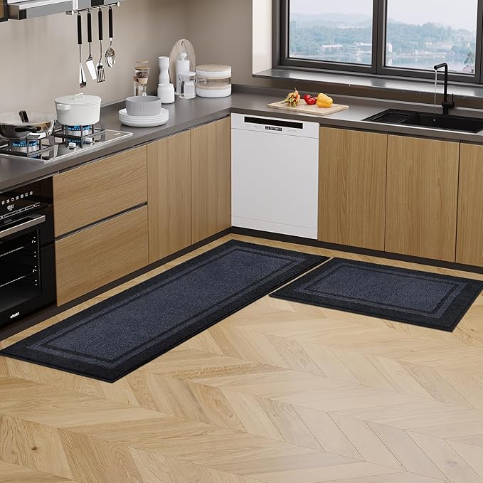 Kitchen Rugs 24" x 70", Non-Slip Machine Washable Kitchen Runner Rugs Floor Mats, Absorbent Comfort Standing Mats for Kitchen, Sink, Laundry and Hallway, Rolled Packaging, Bluish Grey & Charcoal