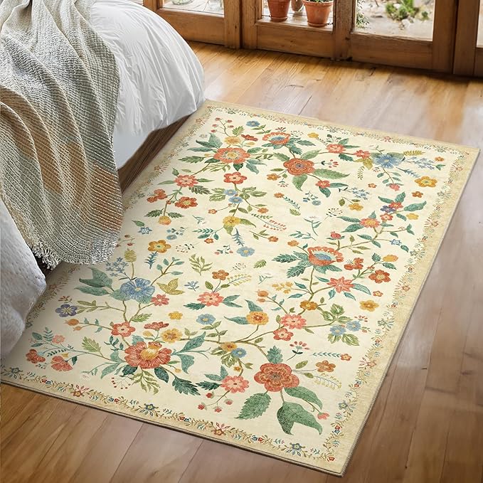 Amada 3x5 Washable Area Rugs, Non-Slip & Low-Profile Entryway Rug with Reinforced Edge Binding, Boho Floral Pattern, Soft Washable Rug for Bedroom, Entryway & Home Office